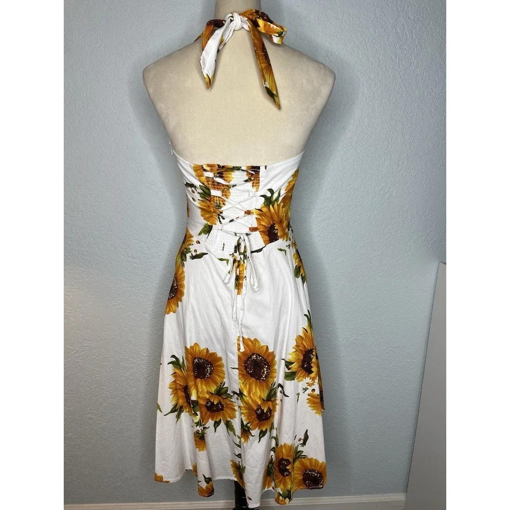 Topdress 1950s Halter Retro Cocktail Dress Sunflower Lace Up Corset Back M - Picture 3 of 10